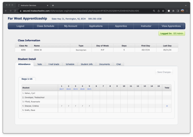 Web Services Instructor view