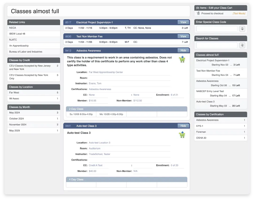 Class registration view